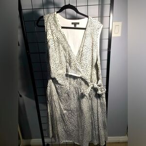 Lane Bryant Plus Size White and Black Polka Dot Faux Wrap Top Dress EUC